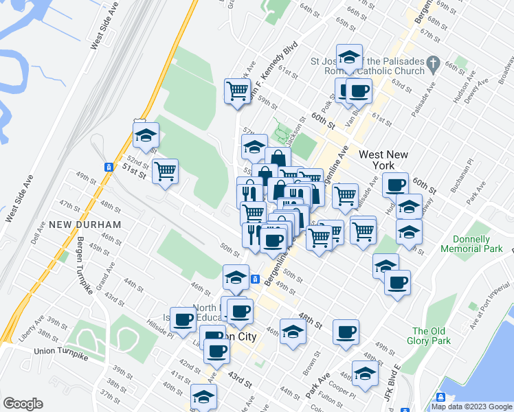 map of restaurants, bars, coffee shops, grocery stores, and more near 567 52nd Street in West New York