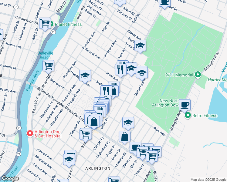 map of restaurants, bars, coffee shops, grocery stores, and more near in North Arlington