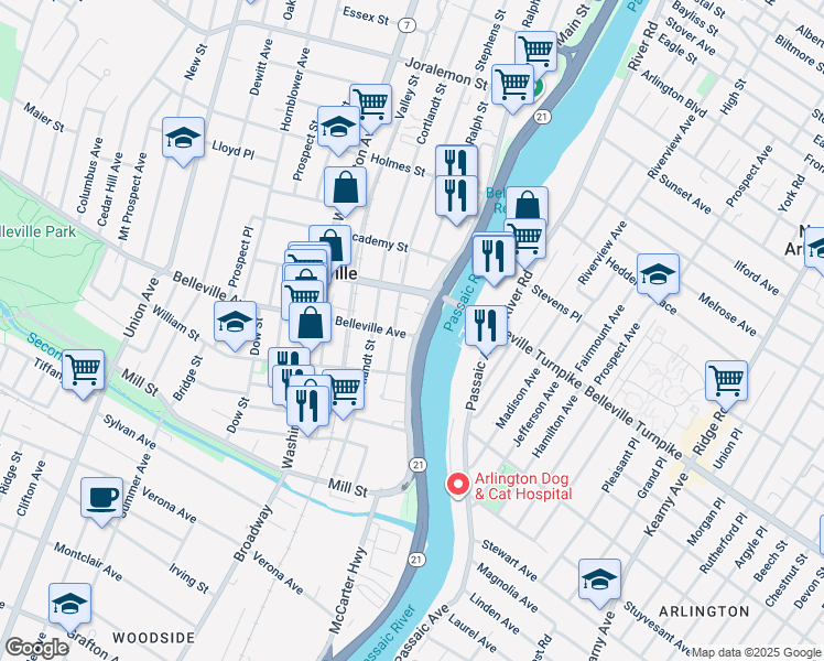 map of restaurants, bars, coffee shops, grocery stores, and more near 125 Main Street in Belleville