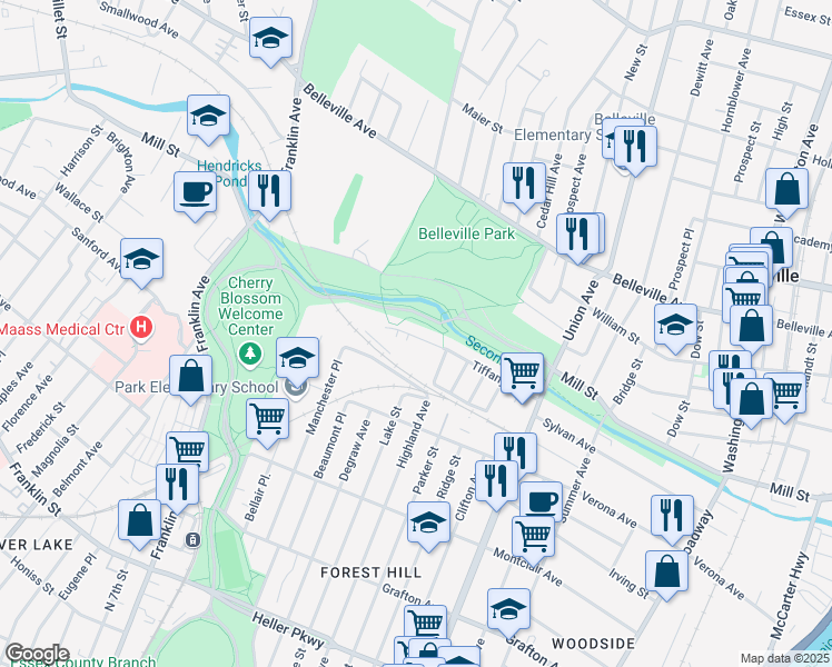 map of restaurants, bars, coffee shops, grocery stores, and more near 90 Tiffany Boulevard in Newark