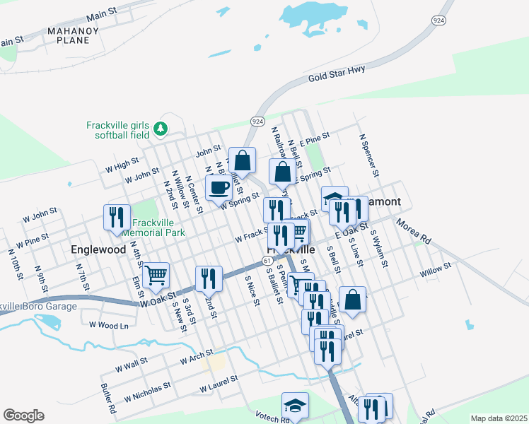map of restaurants, bars, coffee shops, grocery stores, and more near 16 West Frack Street in Frackville