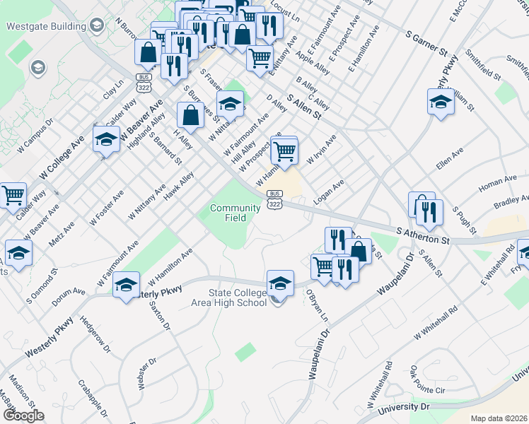 map of restaurants, bars, coffee shops, grocery stores, and more near 724 South Atherton Street in State College