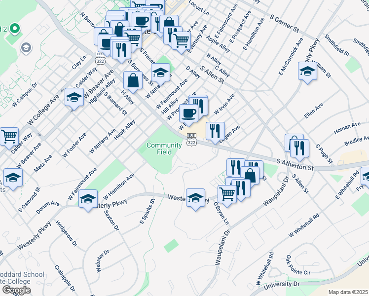map of restaurants, bars, coffee shops, grocery stores, and more near 724 South Atherton Street in State College