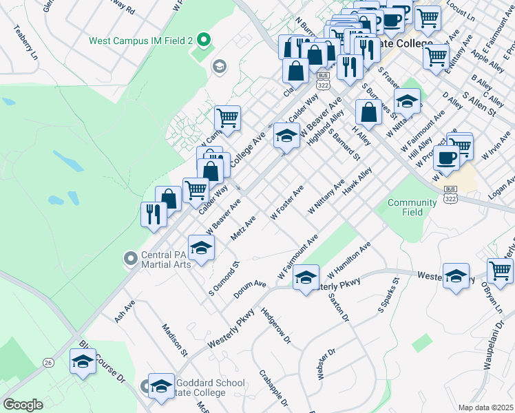 map of restaurants, bars, coffee shops, grocery stores, and more near 923 Metz Avenue in State College
