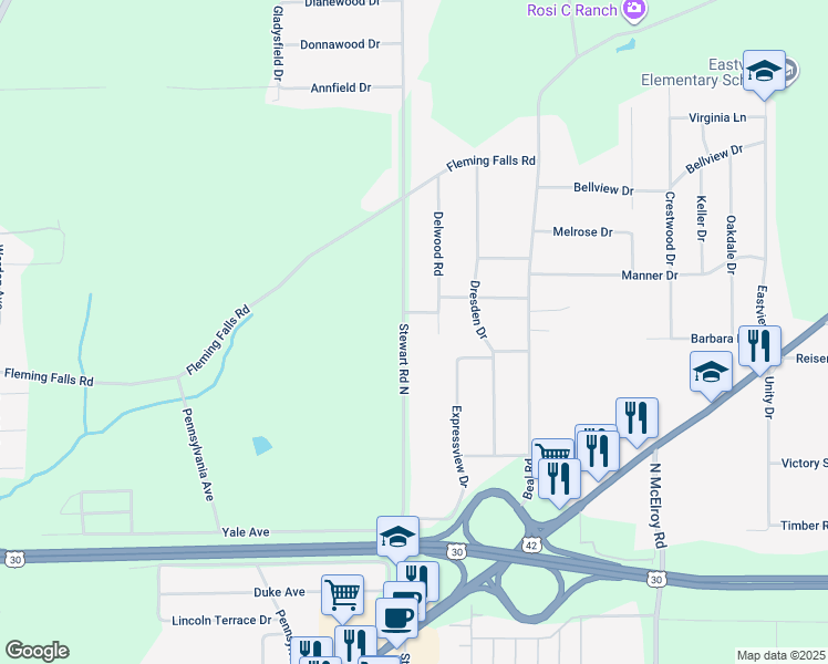 map of restaurants, bars, coffee shops, grocery stores, and more near 994 Stewart Road North in Mansfield