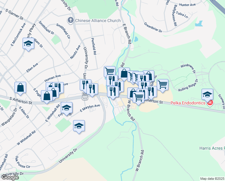 map of restaurants, bars, coffee shops, grocery stores, and more near 1661 South Atherton Street in State College