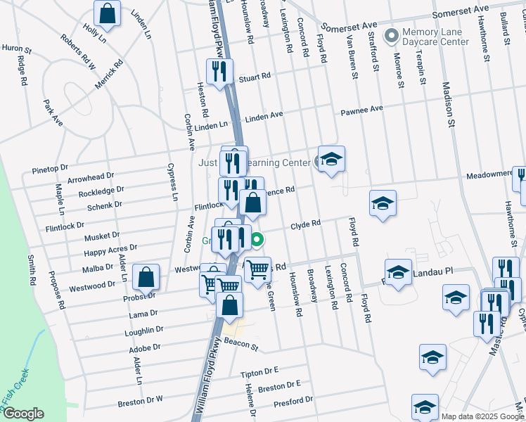 map of restaurants, bars, coffee shops, grocery stores, and more near 43 The Green in Shirley