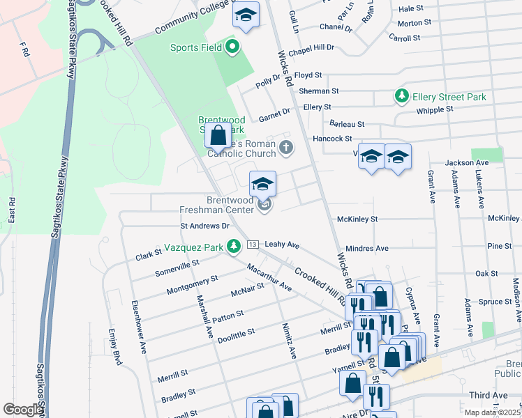 map of restaurants, bars, coffee shops, grocery stores, and more near 33 Leahy Avenue in Brentwood