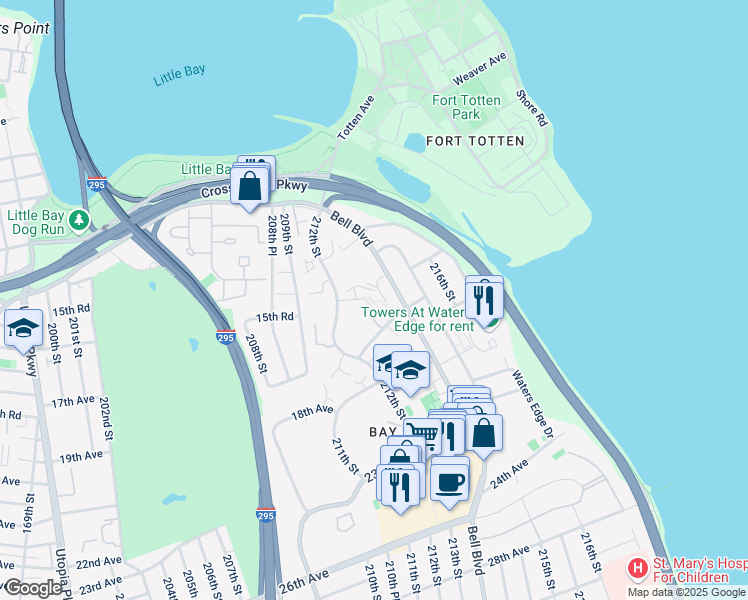map of restaurants, bars, coffee shops, grocery stores, and more near 212-30 15th Avenue in Queens