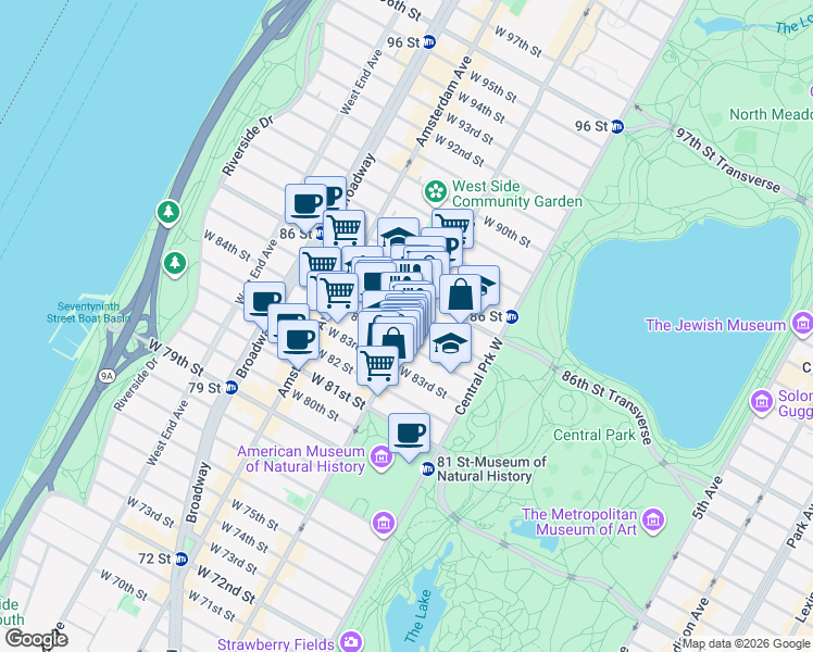map of restaurants, bars, coffee shops, grocery stores, and more near 51 West 84th Street in New York