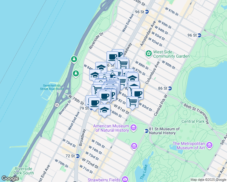 map of restaurants, bars, coffee shops, grocery stores, and more near 202 West 83rd Street in New York