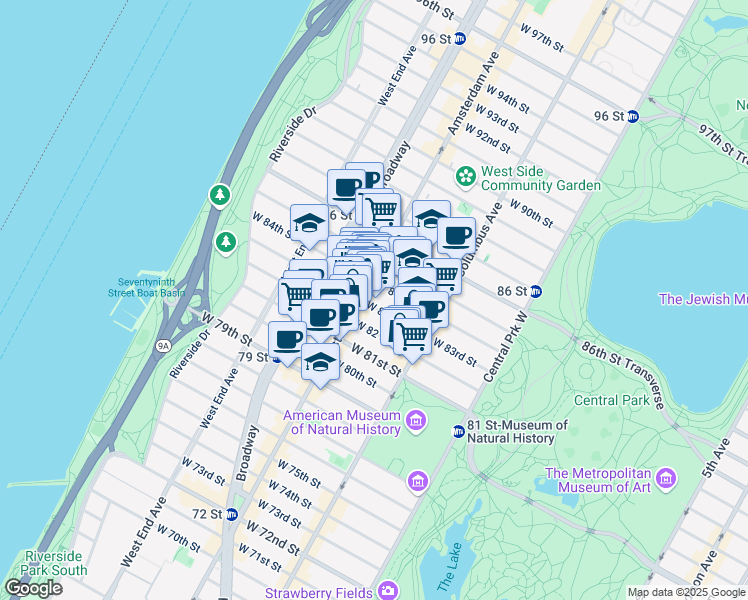 map of restaurants, bars, coffee shops, grocery stores, and more near 146 West 83rd Street in New York