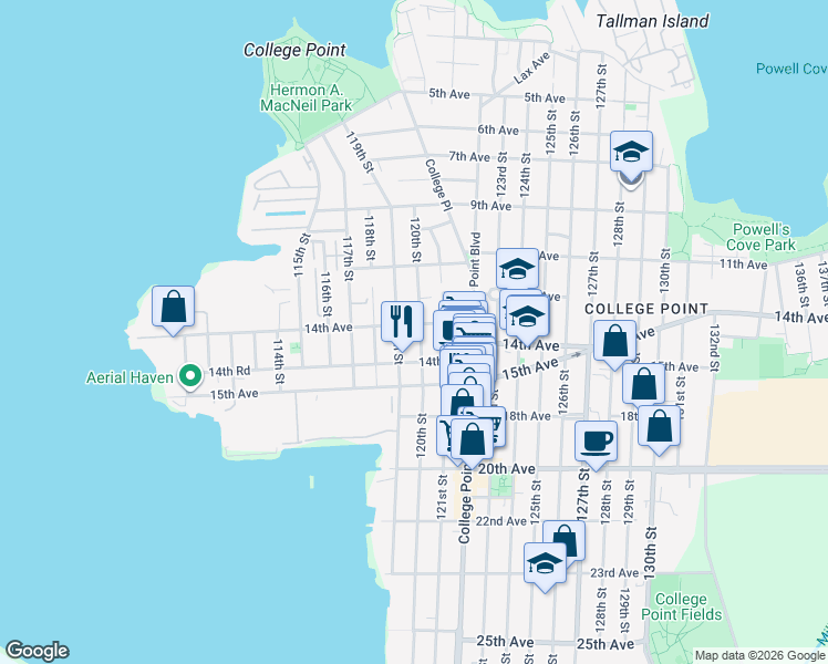 map of restaurants, bars, coffee shops, grocery stores, and more near 119-11 14th Road in Queens