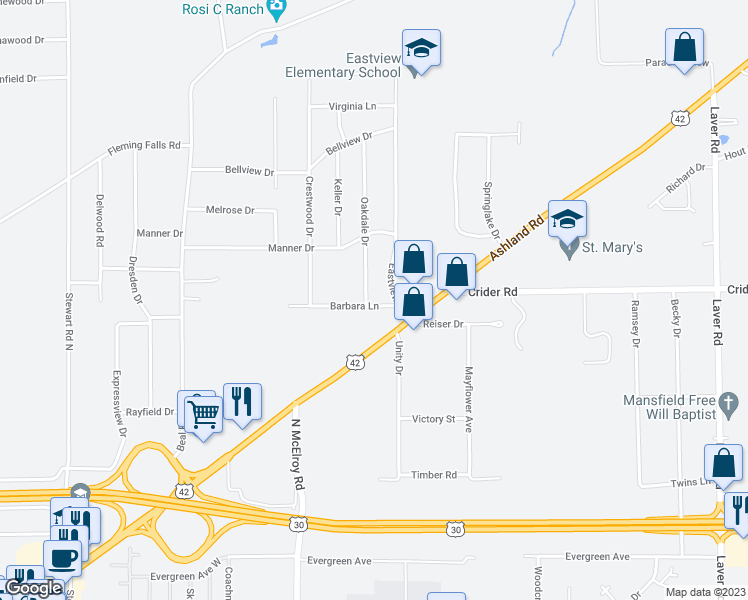 map of restaurants, bars, coffee shops, grocery stores, and more near 1433 Barbara Lane in Mansfield