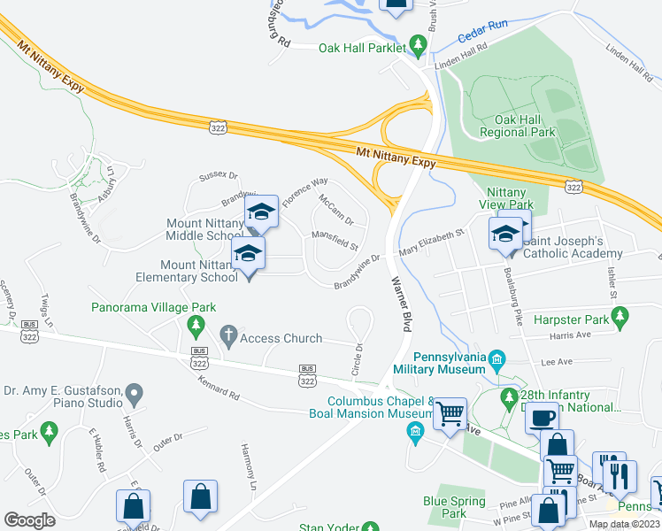 map of restaurants, bars, coffee shops, grocery stores, and more near 348 Florence Way in State College