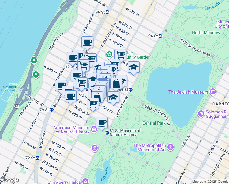 map of restaurants, bars, coffee shops, grocery stores, and more near 32 West 86th Street in New York