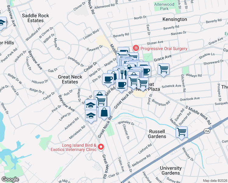 map of restaurants, bars, coffee shops, grocery stores, and more near 60 Cuttermill Road in Great Neck