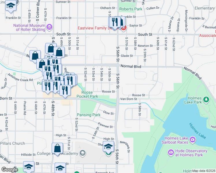 map of restaurants, bars, coffee shops, grocery stores, and more near 5555 Roose Street in Lincoln