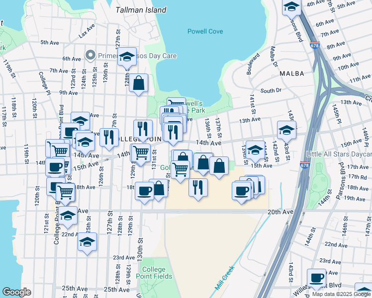 map of restaurants, bars, coffee shops, grocery stores, and more near 14-41 133rd Place in Queens