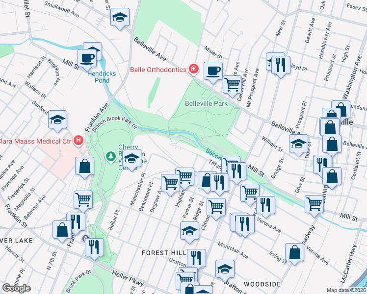 map of restaurants, bars, coffee shops, grocery stores, and more near 90 Tiffany Boulevard in Newark