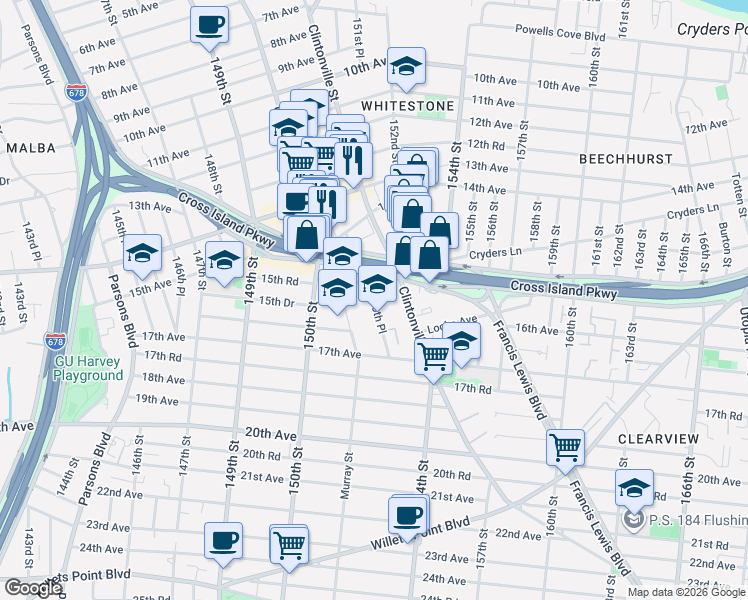 map of restaurants, bars, coffee shops, grocery stores, and more near 150-80 Cross Island Parkway in Queens