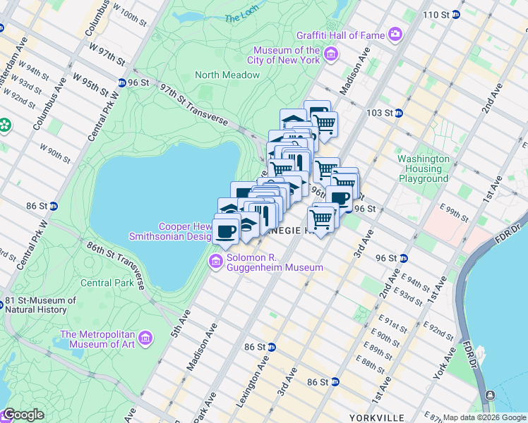 map of restaurants, bars, coffee shops, grocery stores, and more near 5 East 94th Street in New York