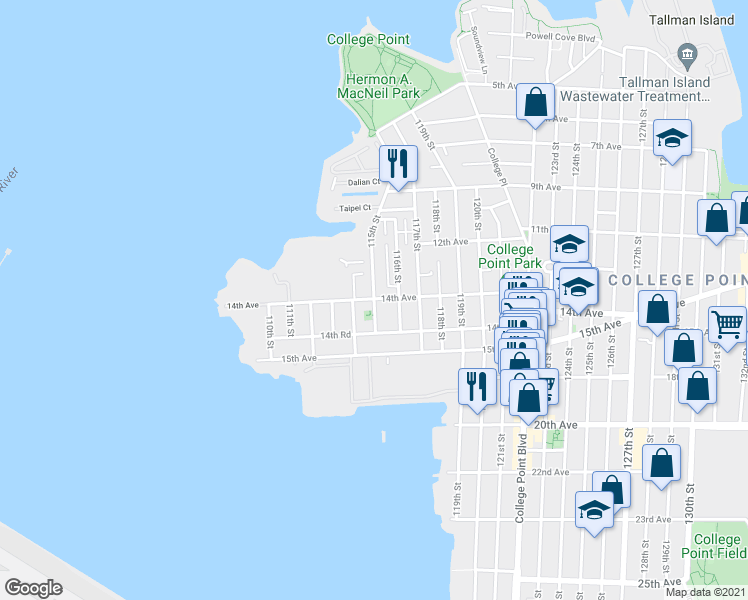 map of restaurants, bars, coffee shops, grocery stores, and more near 14th Ave & 115th St in Queens