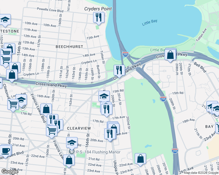 map of restaurants, bars, coffee shops, grocery stores, and more near in Queens
