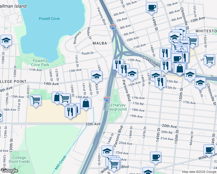 map of restaurants, bars, coffee shops, grocery stores, and more near Whitestone Expressway in Queens