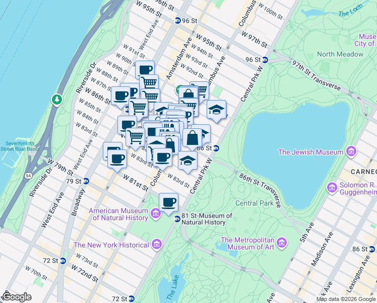 map of restaurants, bars, coffee shops, grocery stores, and more near 50 West 87th Street in New York