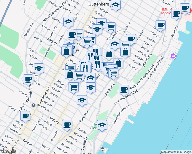 map of restaurants, bars, coffee shops, grocery stores, and more near 203 59th Street in West New York