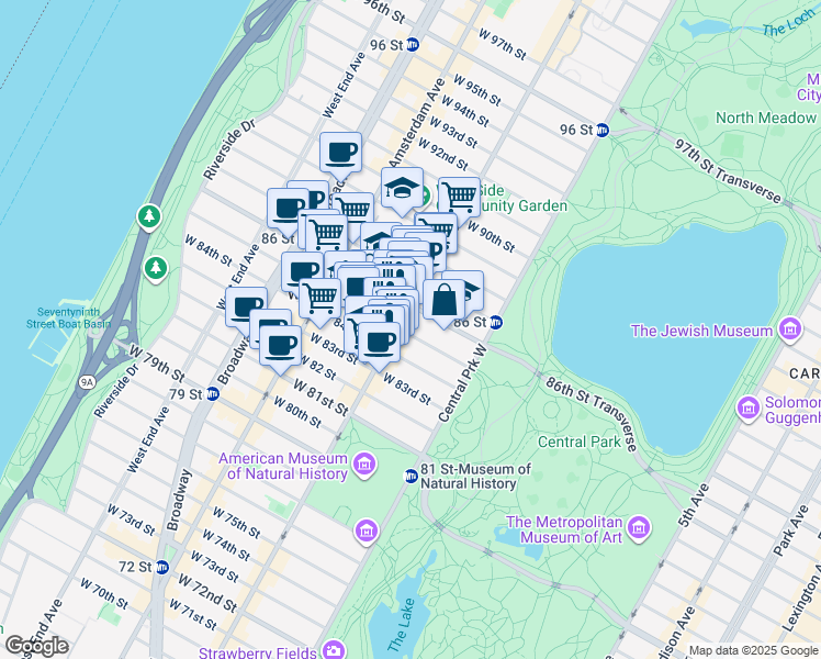 map of restaurants, bars, coffee shops, grocery stores, and more near 77 West 85th Street in New York