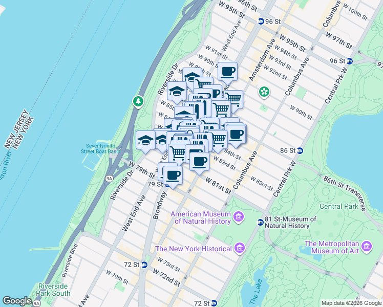map of restaurants, bars, coffee shops, grocery stores, and more near 2299 Broadway in New York