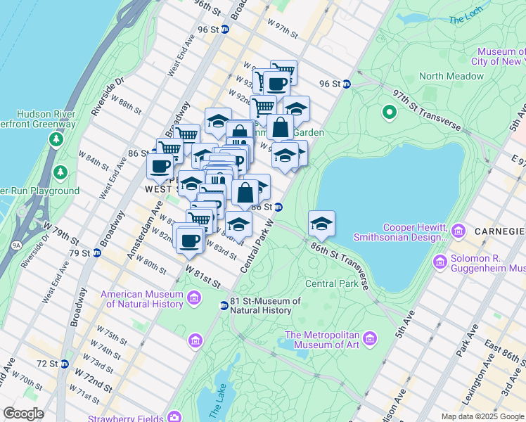 map of restaurants, bars, coffee shops, grocery stores, and more near 7 West 87th Street in New York