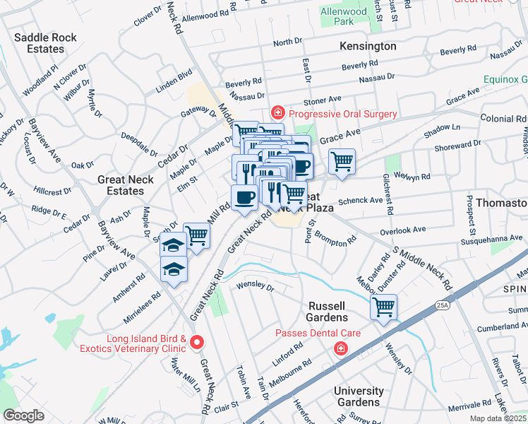 map of restaurants, bars, coffee shops, grocery stores, and more near 33-43 Great Neck Road in Great Neck