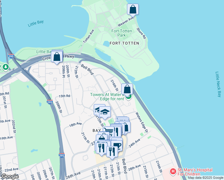 map of restaurants, bars, coffee shops, grocery stores, and more near 15-54 216th Street in Queens