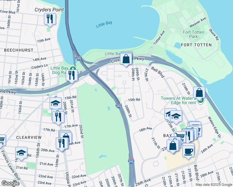 map of restaurants, bars, coffee shops, grocery stores, and more near 207-1 Estates Drive in Queens