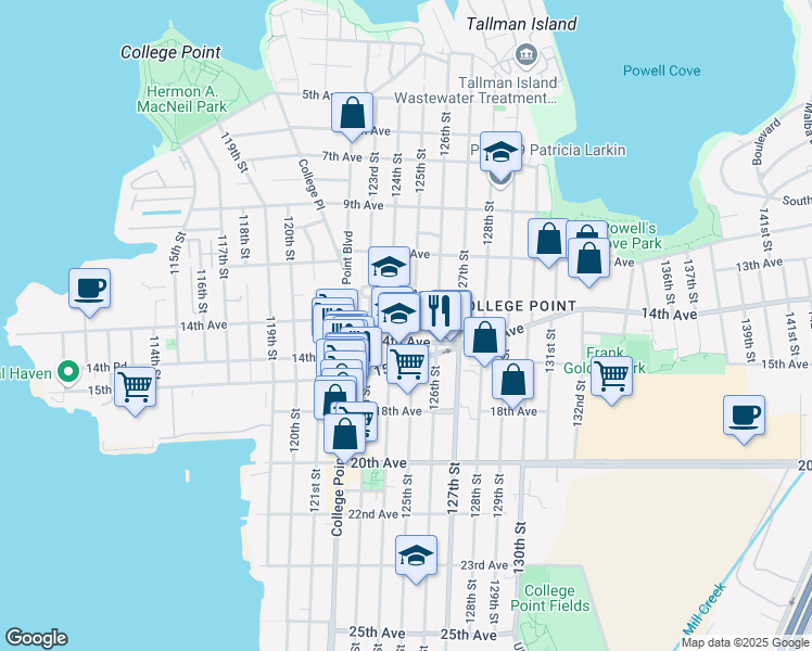 map of restaurants, bars, coffee shops, grocery stores, and more near 13-07 124th Street in Queens