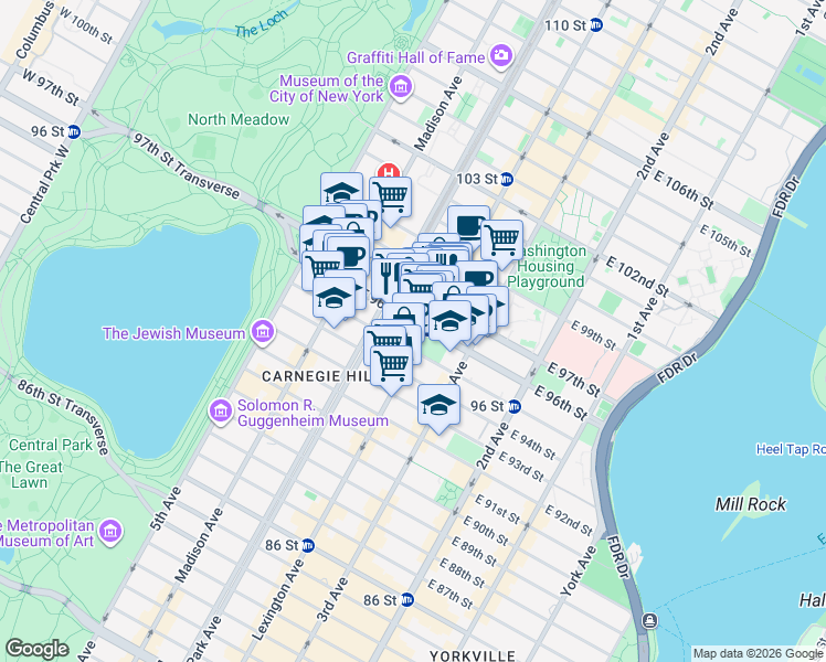 map of restaurants, bars, coffee shops, grocery stores, and more near 119 East 96th Street in New York