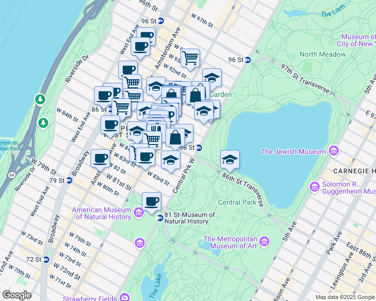 map of restaurants, bars, coffee shops, grocery stores, and more near 7 West 87th Street in New York
