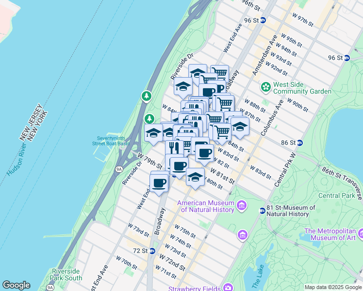 map of restaurants, bars, coffee shops, grocery stores, and more near 301 West 82nd Street in New York