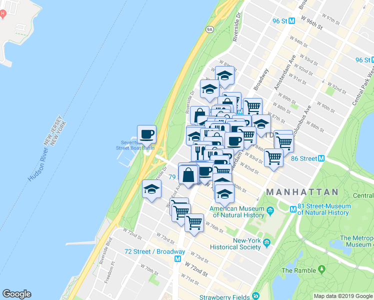 map of restaurants, bars, coffee shops, grocery stores, and more near in New York