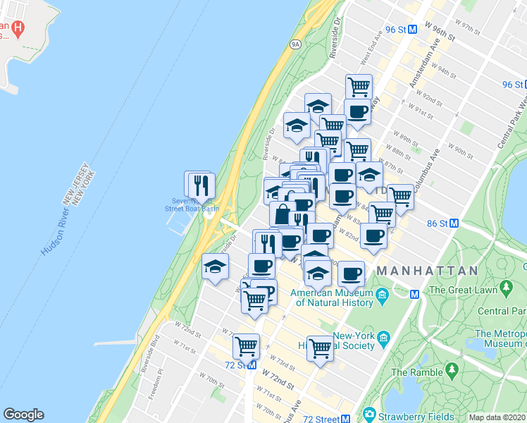 map of restaurants, bars, coffee shops, grocery stores, and more near in New York