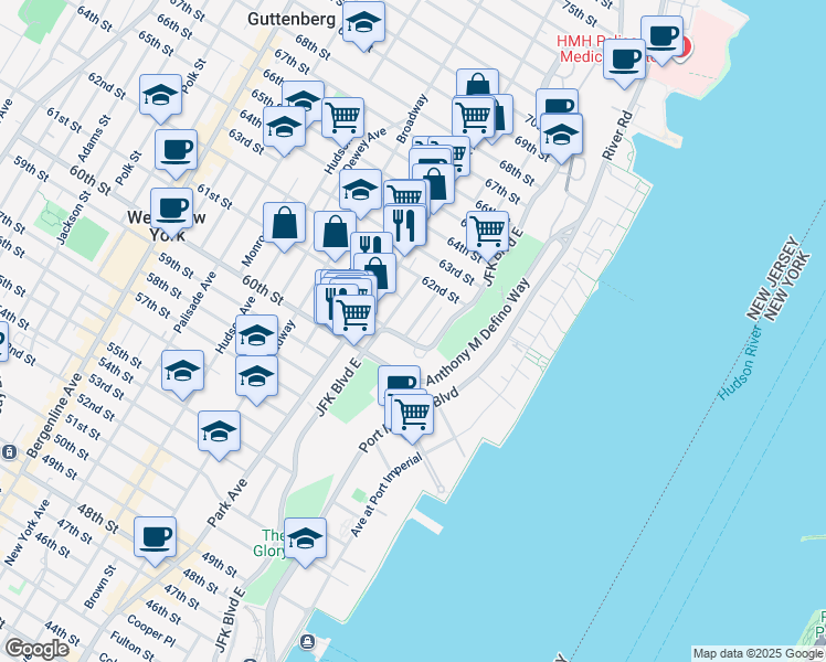 map of restaurants, bars, coffee shops, grocery stores, and more near 6100 Monitor Place in West New York