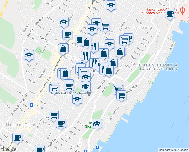 map of restaurants, bars, coffee shops, grocery stores, and more near 207 60th Street in West New York