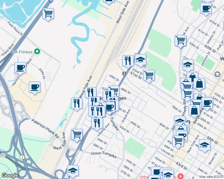 map of restaurants, bars, coffee shops, grocery stores, and more near 4808 Aschoff Place in North Bergen