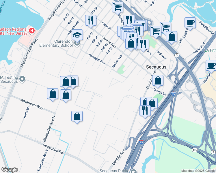 map of restaurants, bars, coffee shops, grocery stores, and more near 659 Chestnut Place in Secaucus