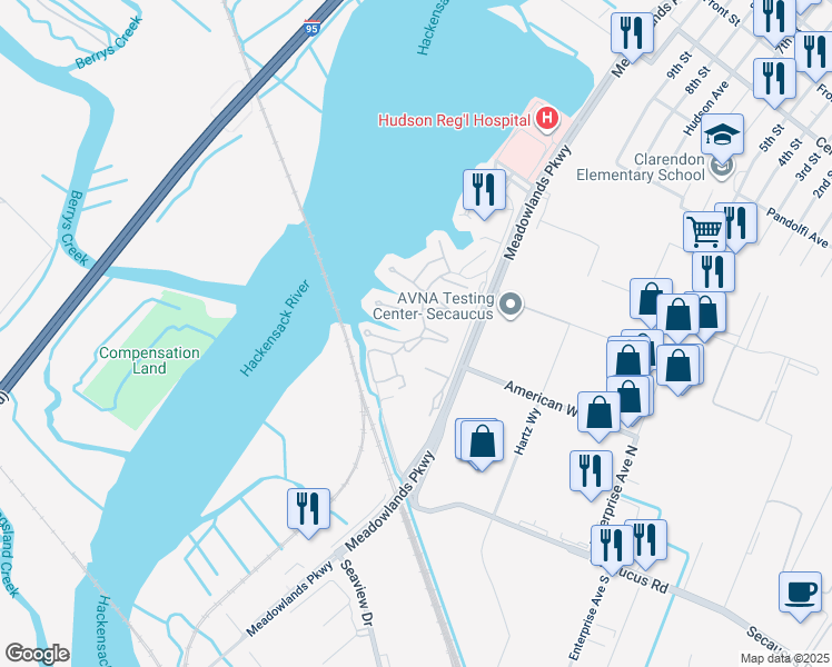 map of restaurants, bars, coffee shops, grocery stores, and more near 450 Dunlin Plaza in Secaucus