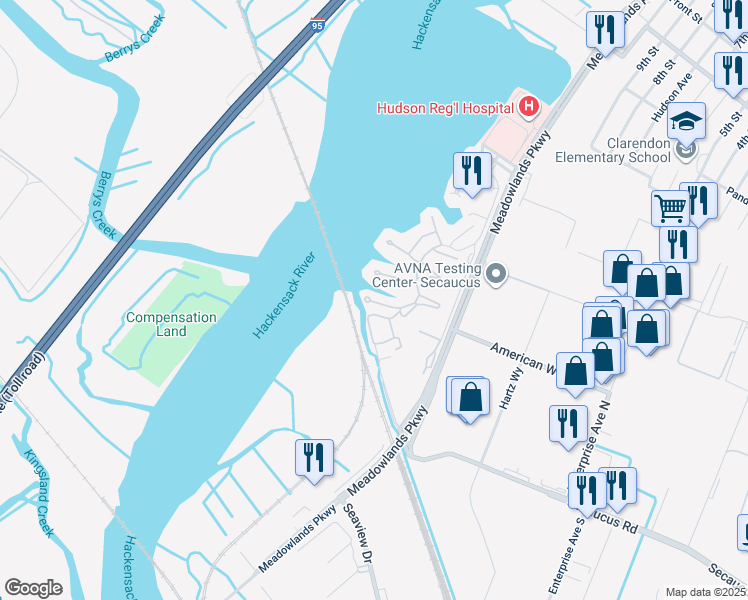 map of restaurants, bars, coffee shops, grocery stores, and more near 133 Sunset Key in Secaucus