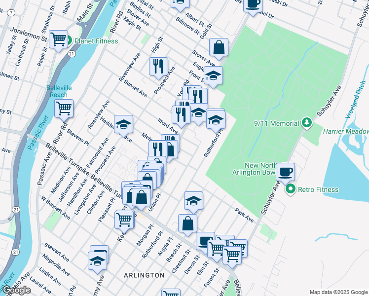 map of restaurants, bars, coffee shops, grocery stores, and more near 158 Ridge Road in North Arlington
